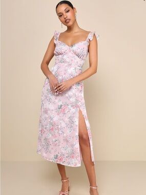 Lulu's Delightful Direction Blush Floral Ruffled Tie-Strap Midi Dress